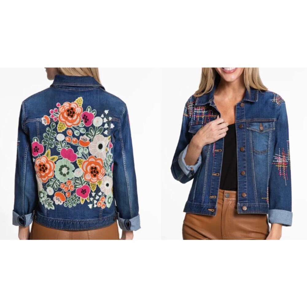 John Mark Embroidered Denim Jacket Floral Classic Cotton Blend Boho Statement 3X